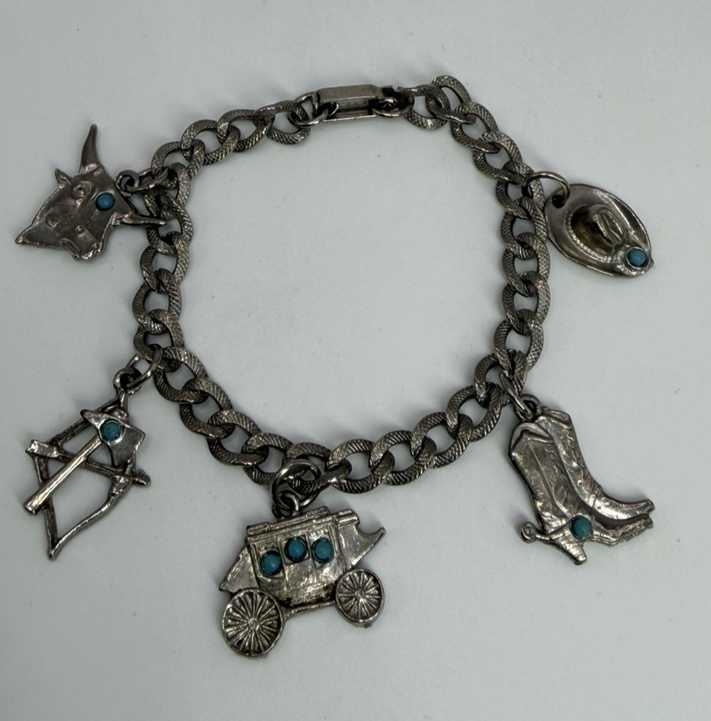 Vintage Western Frontier Theme Charm Bracelet Silver & Blue Bead Accents 6.75"
